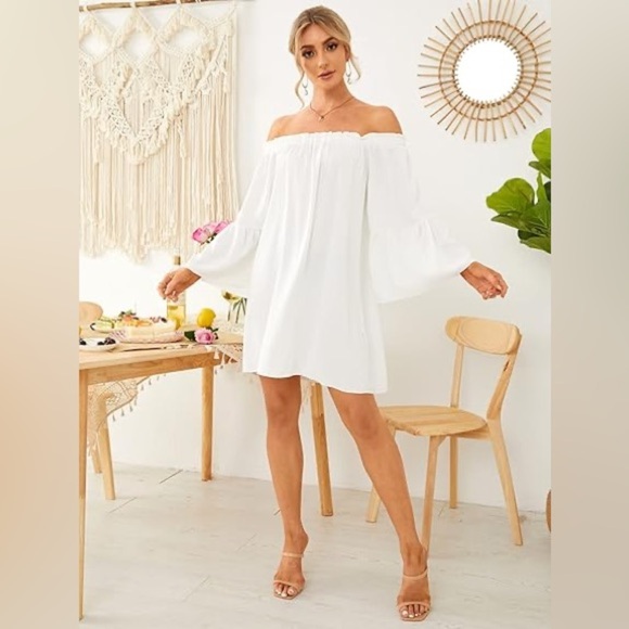 🍁5 for $15🍁 New SHEIN White Off Shoulder Peasant Mini Dress - Picture 1 of 4